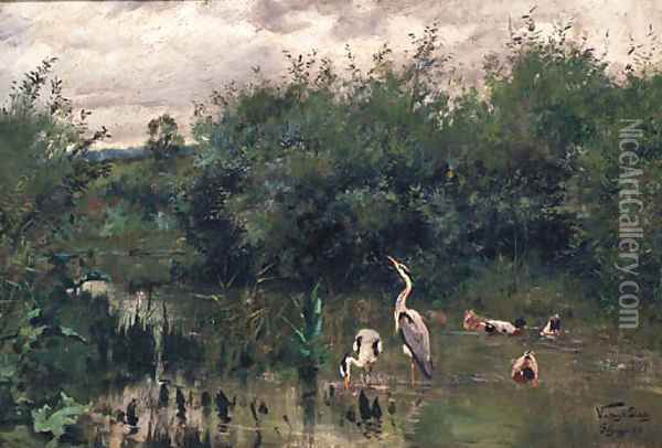 Herons and Ducks in a Lake Oil Painting - Geza Vastagh