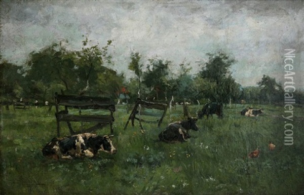 Cows In The Meadow Oil Painting - Eugene Mahaux