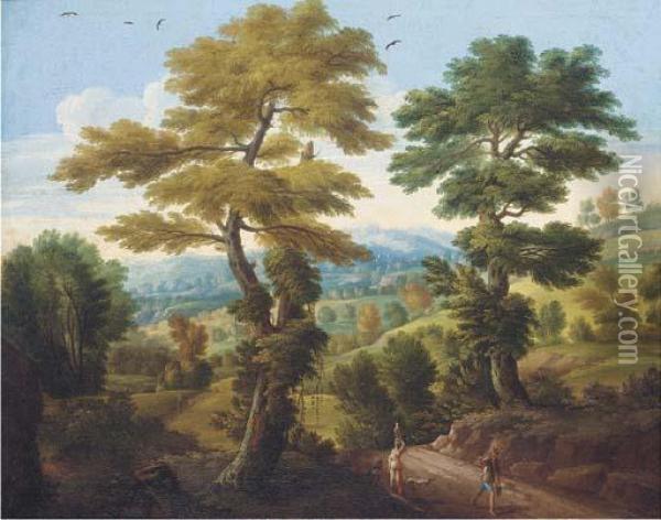 A Wooded Landscape With Travellers On A Path Oil Painting - Carlo Antonio Tavella
