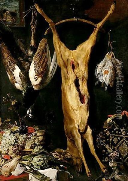 A Still Life Of Artichokes, Grapes And A Melon In A Basket, A Hung Peacock, Roe-Buck And Grouse, Together With A Parrot And A Monkey, A Cat Jumping Through A Window Beyond Oil Painting - Frans Snyders