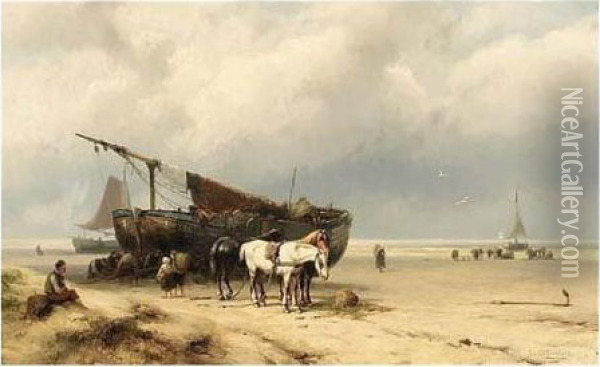 Fisherfolk By A Beached Oil Painting - Johannes Hermann Barend Koekkoek