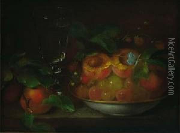 Still Life With Fruit, Glass & Butterfly Oil Painting - George Forster