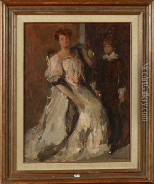 Portrait D'une Jeune Maman Accompagnee De Son Fils Oil Painting - Maurice Wagemans