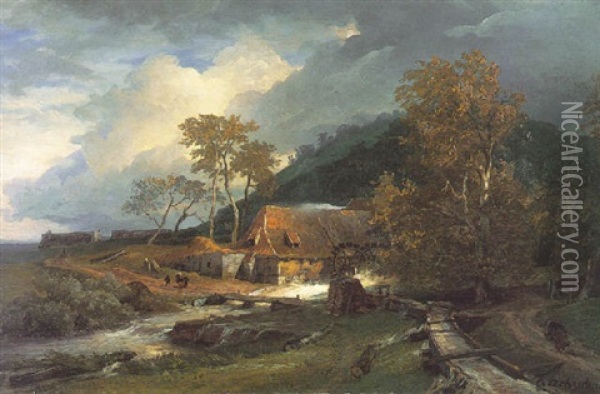 Muhle In Gewittriger Landschaft Oil Painting - Andreas Achenbach