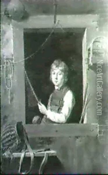Portrait Of A Young Boy, Half Length, At A Window, Holding  A Net, A Great Tit In A Cage To The Right Oil Painting - James Turpin Hart