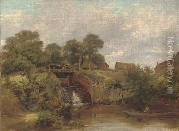 Eel catchers by the sluice, Trump's Mill, North Wales Oil Painting - James Stark