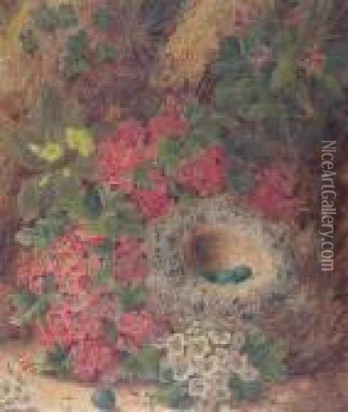 Still Lives Of Fruit And A Bird's Nest On Mossy Ground Oil Painting - Oliver Clare