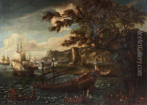 Navires Et Galeres Dans Un Port Mediterraneen. Oil Painting - Jean-Baptiste De La Rose
