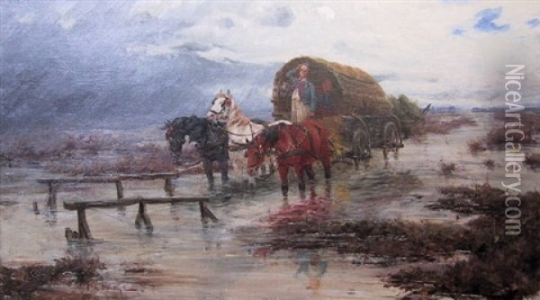 Peasant Wagon Crossing A Flooded Marsh Oil Painting - Laszlo Pataky