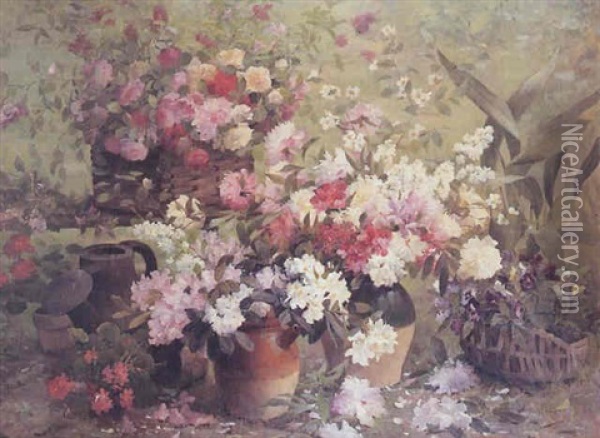Grands Vases De Pivoines, Branches De Pommier Et Panier De Pensees Oil Painting - Emile-Louis Minet