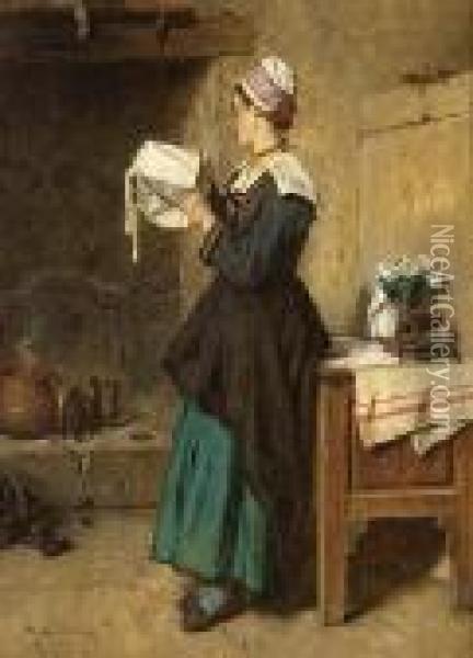 Lady Ironing Oil Painting - Alexandre Marie Guillemin
