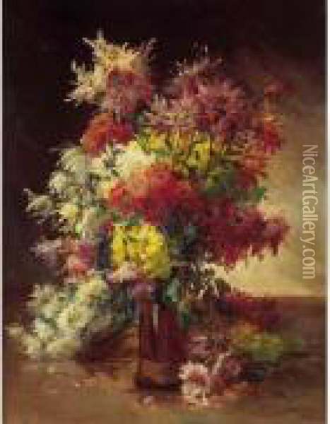 Bouquet De Fleurs Sur Un Entablement. Oil Painting - Edmond Van Coppenolle