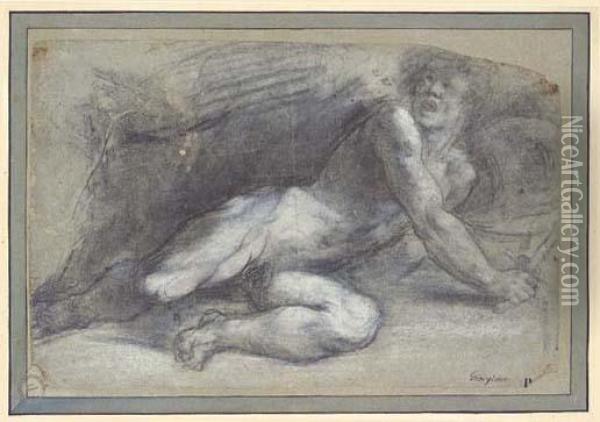 A Fallen Warrior Twisting Around To The Left Holding A Sword Andshield Oil Painting - Tiziano Vecellio (Titian)