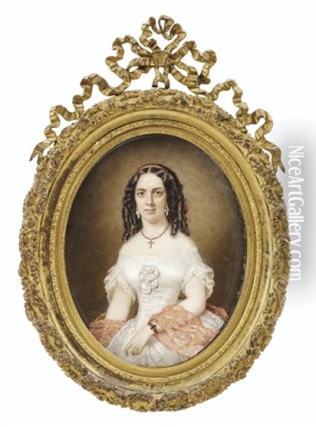Portrait De Jeune Femme Portant Des Bijoux En Rubis Et Un Chale Rose Oil Painting - Carlo (Charles) Errani