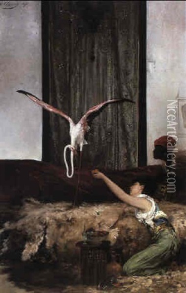 Feeding The Flamingo Oil Painting - Georges Jules Victor Clairin