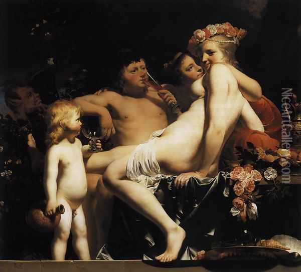 Bacchus with Nymphs and Cupid c. 1660 Oil Painting - Caesar Van Everdingen