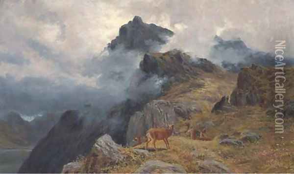 A stag and hines in a Highland landscape Oil Painting - Clarence Roe