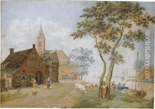 A Village By A Wide River Oil Painting - Hermanus Petrus Schouten