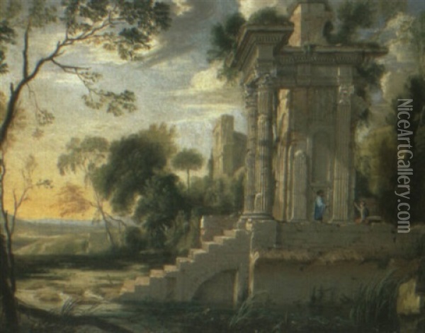Landscape With Peasants Conversing By Classical Ruins Oil Painting - Pierre Patel