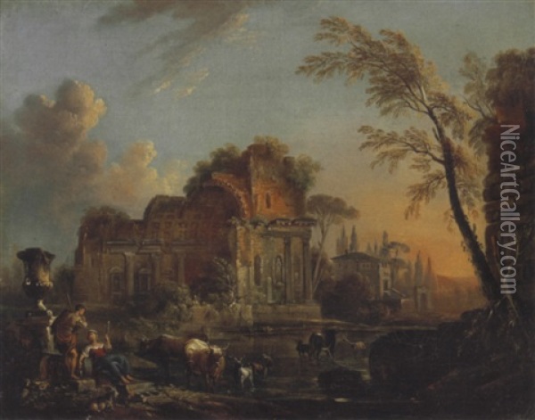 Bergers Et Leur Troupeau Devant Des Ruines Romaines Oil Painting - Jean Baptiste Lallemand