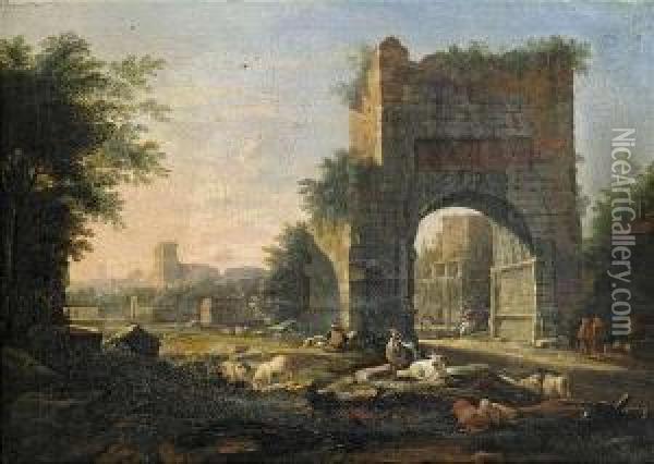 Rome At Evening Light. 
Herdsmen At The Arch Of Drusus, 
In The Background The Colosseum And The Tower Of S. 
Francesca Romana. Oil Painting - Willem Van Bemmel