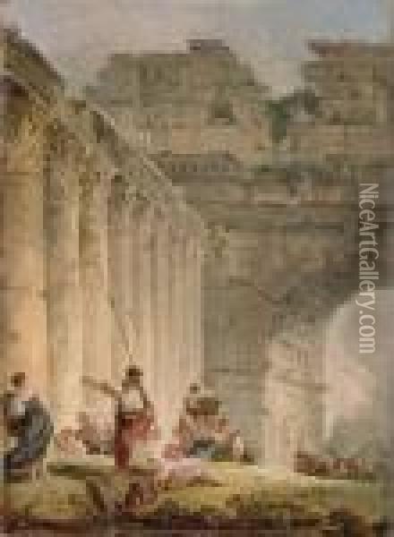 A Capriccio Of A Classical Colonnade Oil Painting - Hubert Robert