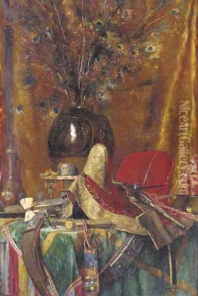 A vase of peacock feathers, assorted swords, a pistol, a saddle and other orientalist objects on a table Oil Painting - Maurice Bompard