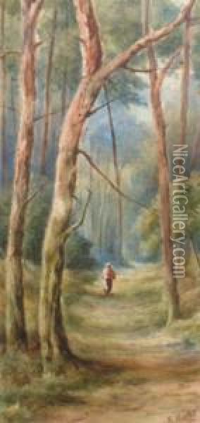 Act.-1928- Figure On A Wooded Path; Watercolour, Signed, 44x27cm Oil Painting - Fred Hines