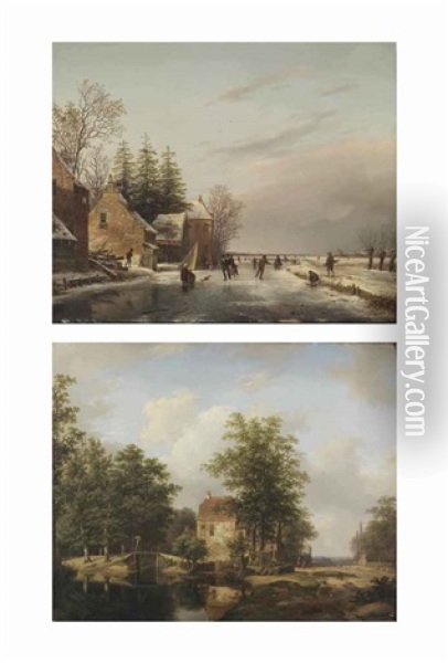 A Summer Landscape With A Mansion Near A Stream; A Winter Landscape With Figures Skating On A Frozen Waterway (pair) Oil Painting - Andreas Schelfhout