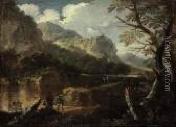 A Rocky River Landscape With Figures And Dogs Oil Painting - Salvator Rosa