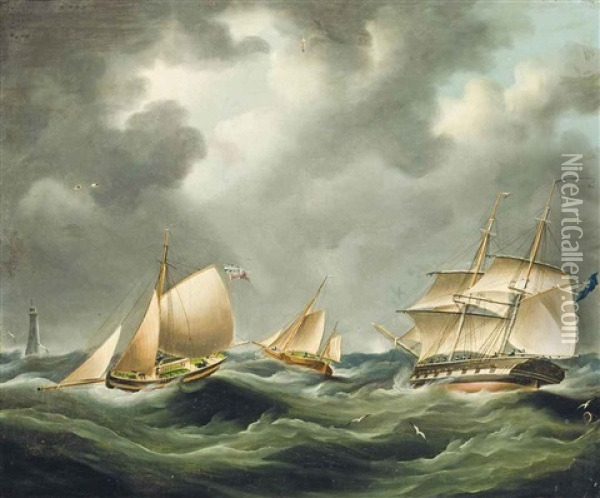 A Royal Navy Frigate And Other Shipping In A Heavy Swell Off The Eddystone Lighthouse; Shipping In A Stiff Breeze (illustrated) (pair) Oil Painting - Richard B. Spencer