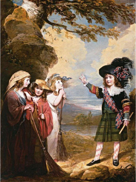 Four Children Playacting As Macbeth And The Three Witches Oil Painting - John Westbrooke Chandler