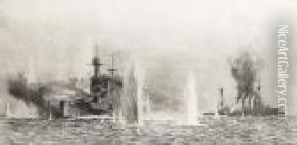 H.m.s. Warspite And Warrick, Jutland, 31 May,1916 Oil Painting - William Lionel Wyllie