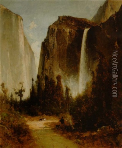 Figures Around A Campfire In Yosemite Valley, With Bridal Veil Falls And El Capitan In The Distance Oil Painting - Thomas Hill