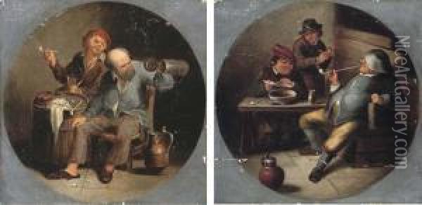 Peasants Smoking In An Interior; And Peasants Drinking And Smokingin An Interior Oil Painting - David The Younger Ryckaert