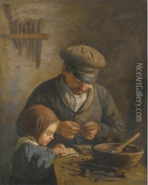 Pere Et Fillette Dans Un Atelier Oil Painting - Adolphe Felix Cals