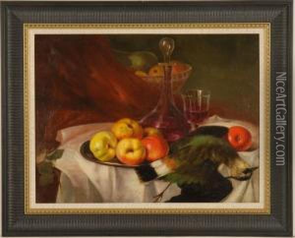 Still Life With Fruit, Wine And Game On A Table Oil Painting - John O'Connor