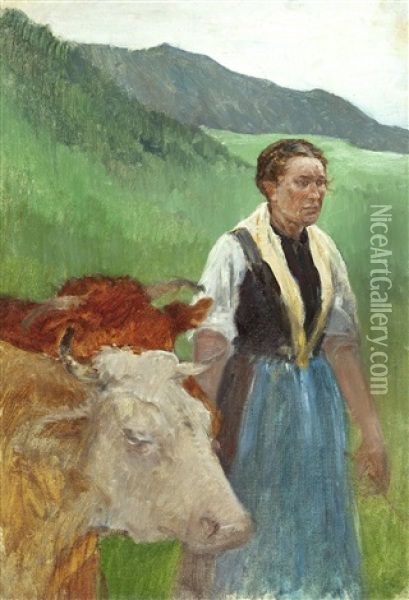 Tiroler Bauerin Mit Kuhen In Landschaft Oil Painting - Julius von Blaas