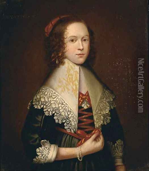 Portrait of a lady, half-length, in a green silk dress with a white lace collar and cuffs, wearing a pearl bracelet Oil Painting - Cornelius Janssens Van Ceulen