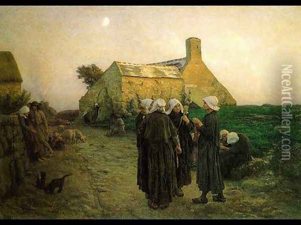 Evening In The Hamlet Of Finistere Oil Painting - Jules Breton