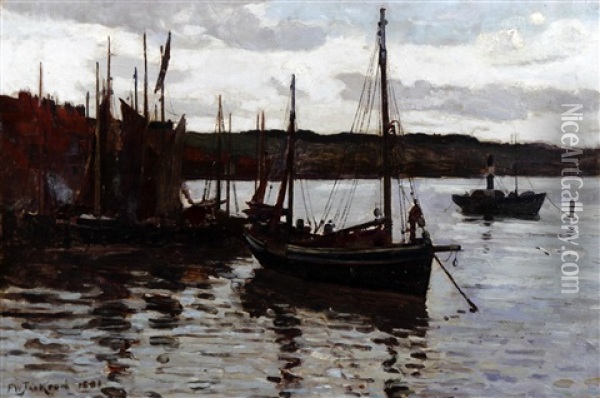 Fishing Boats In Staithes Harbour Oil Painting - Frederick William Jackson