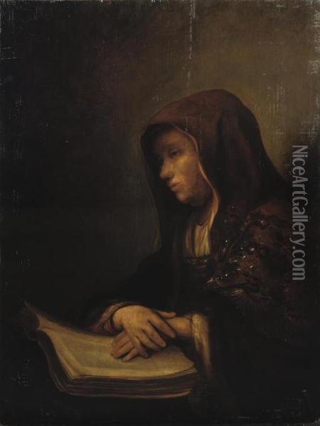 An Old Woman Seated At A Table With Her Hands Resting On An Open Book Oil Painting - Pieter Harmensz Verelst