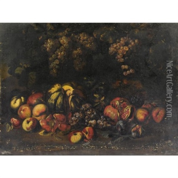 Natura Morta Con Uva, Pesche, Fichi, Una Zucca E Un Melograno Oil Painting - Michelangelo Cerquozzi