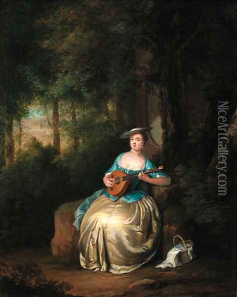 A lady playing a lute in a wood Oil Painting - Anton Hickel