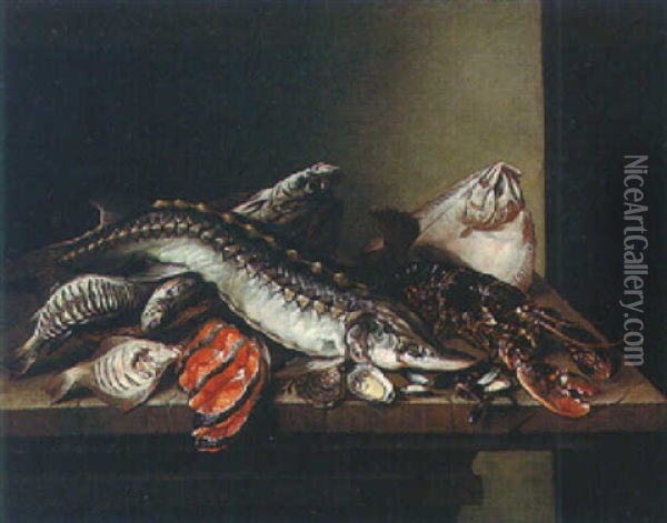 Still Life Of A Lobster, Salmon, Oysters, Mussels And Other Fish On A Tabletop Oil Painting - Isaac Van Duynen