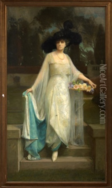 Portrait Of A Fashionably Dressed Lady In An Elegant Garden Setting Oil Painting - Albert Herter