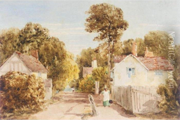 Figure With A Basket Walking Down A Village Lane Oil Painting - David I Cox