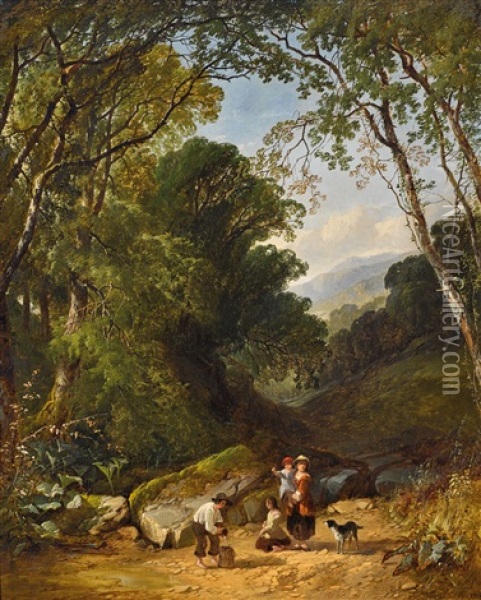 A Wooded Landscape With Children Filling A Pail In The Foreground Oil Painting - Henry John Boddington