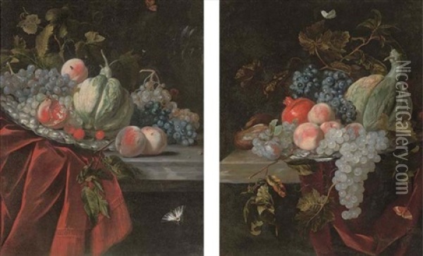 Grapes, Peaches, A Melon, A Fig, And A Pomegranate On A Partly Draped Ledge (+ Another, Similar; Pair) Oil Painting - Willem Van Aelst