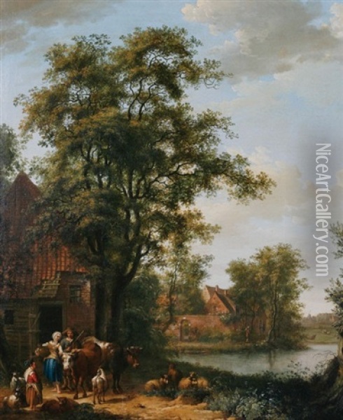 Outside A Cottage Oil Painting - Pieter Barbiers the Elder